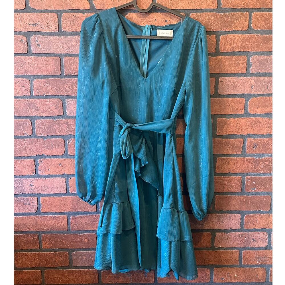 ALTAR’D STATE Keelie Metallic LONG SLEEVE RUFFLE MINI DRESS IN TEAL size S NWT